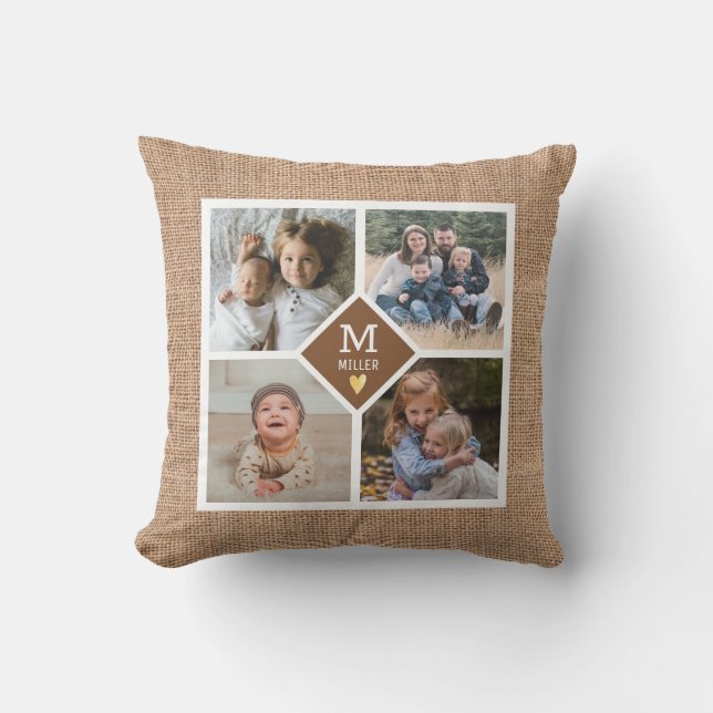 Custom 4 Photo Collage Family Monogram Burlap Cushion (Front)