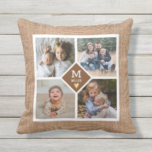 Custom 4 Photo Collage Family Monogram Burlap Cushion