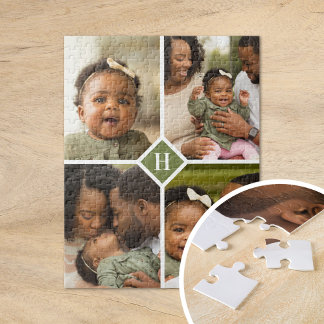 Custom 4 Photo Collage Family Monogram | Olive Jigsaw Puzzle