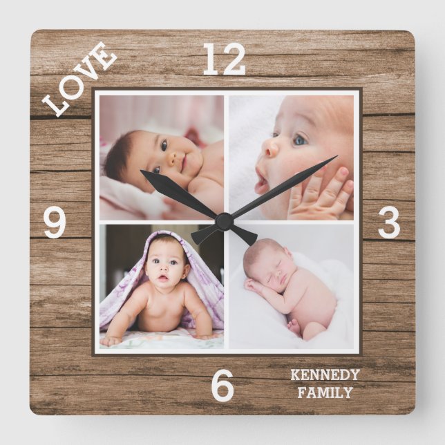 Custom 4 Photo Collage Family Name Love Wood Square Wall Clock (Front)