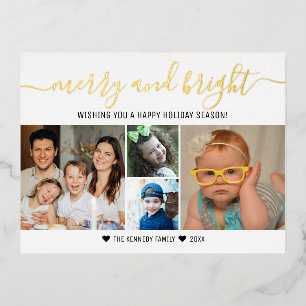 Custom 4 Photo Collage Gold Merry Christmas   Foil Holiday Postcard
