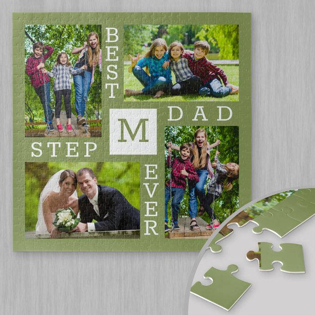 Custom 4 Photo Collage Green Best Stepdad Ever Jigsaw Puzzle (Creator Uploaded)