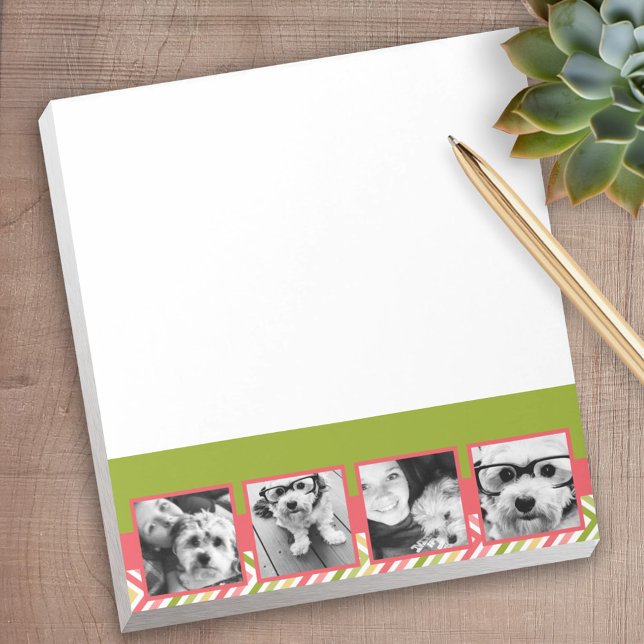 Custom 4 Photo Collage Lime and Coral Chevrons Notepad (Personalized notepad - great for a gift or your home office)