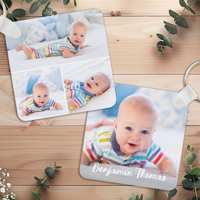 Custom 4 Photo Collage Modern Personalised Baby  Key Ring (Creator Uploaded)
