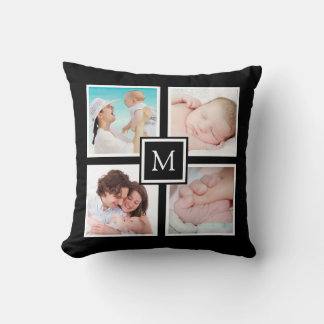Custom 4 Photo Collage Monogram Black Cushion