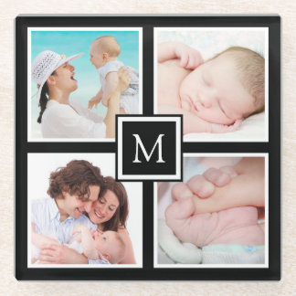 Custom 4 Photo Collage Monogram Black Glass Coaster