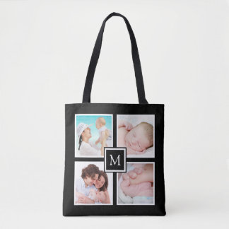 Custom 4 Photo Collage Monogram Black Tote Bag