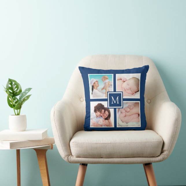 Custom 4 Photo Collage Monogram Blue Cushion (Chair)