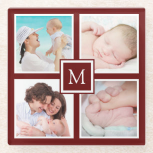 Custom 4 Photo Collage Monogram Burgundy Glass Coaster
