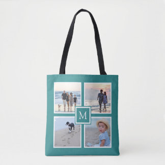 Custom 4 Photo Collage Monogram Dark Teal Tote Bag