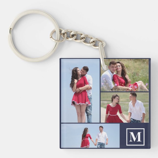 Custom 4 Photo Collage Monogrammed Key Ring (Front)