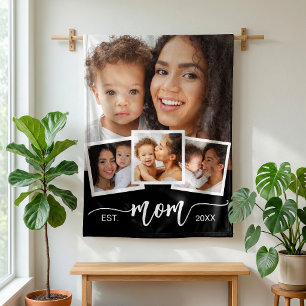 Custom 4-Photo Collage Mum Established Year Black Fleece Blanket