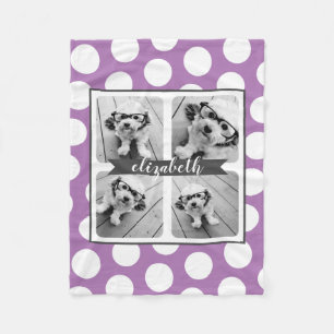Custom 4 Photo Collage Purple Polka Dot Gray Name Fleece Blanket