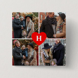 Custom 4 Photo Collage Red Heart Monogram Button