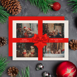 Custom 4 Photo Elegant Big Red Ribbon Christmas Holiday Card