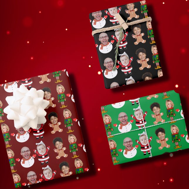 Custom 4 Photo Family Face Photo Christmas Gift Wrapping Paper Sheet (Creator Uploaded)