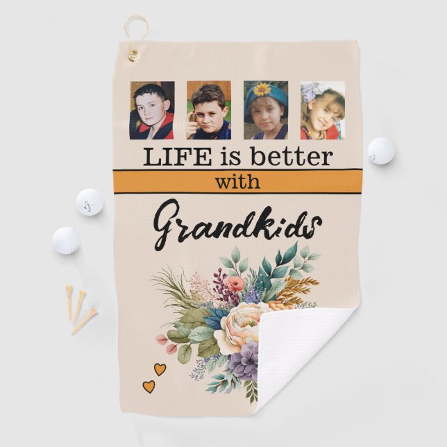 Custom 4 photo grandkids floral orange golf towel (InSitu)