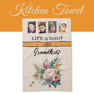 Custom 4 photo grandkids floral orange tea towel