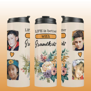 Custom 4 photo grandkids floral orange thermal tumbler