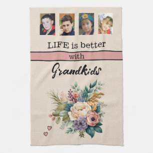 Custom 4 photo grandkids floral pink tea towel