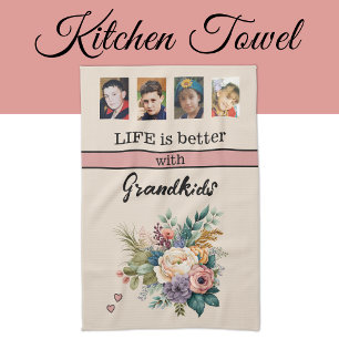 Custom 4 photo grandkids floral pink tea towel