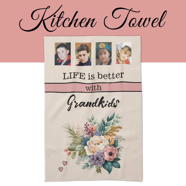 Custom 4 photo grandkids floral pink tea towel (Creator Uploaded)