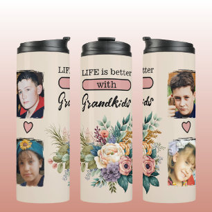 Custom 4 photo grandkids floral pink thermal tumbler