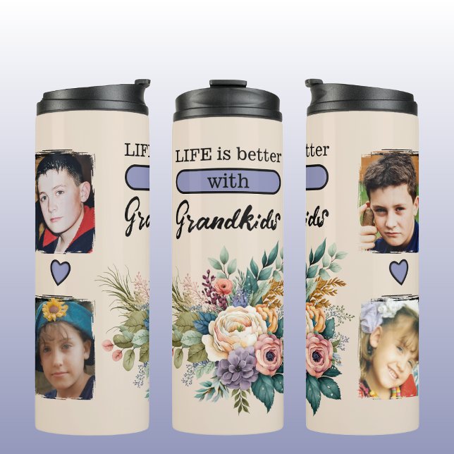 Custom 4 photo grandkids floral purple thermal tumbler (Creator Uploaded)