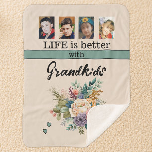 Custom 4 photo grandkids flowers green sherpa blanket