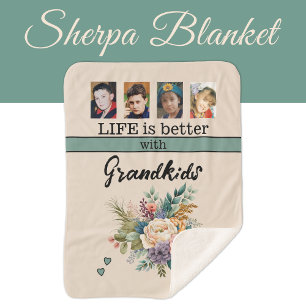 Custom 4 photo grandkids flowers green sherpa blanket