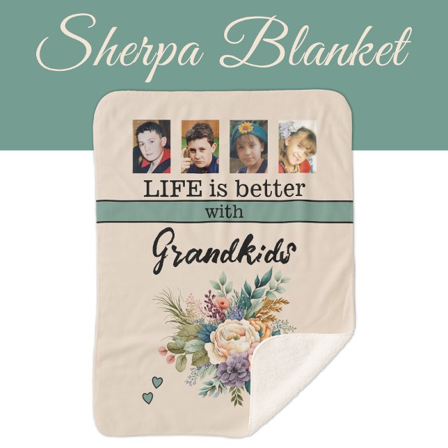 Custom 4 photo grandkids flowers green sherpa blanket (Creator Uploaded)