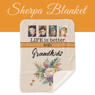Custom 4 photo grandkids flowers orange sherpa blanket
