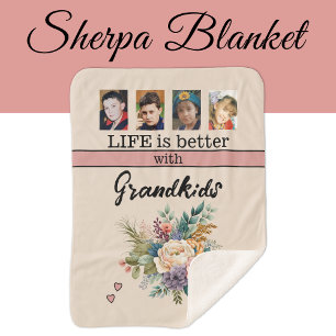Custom 4 photo grandkids flowers pink sherpa blanket