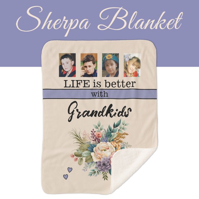 Custom 4 photo grandkids flowers purple sherpa blanket (Creator Uploaded)