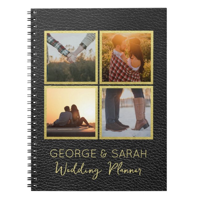 Custom 4-Photo Leather & Gold Wedding Planner Notebook (Front)