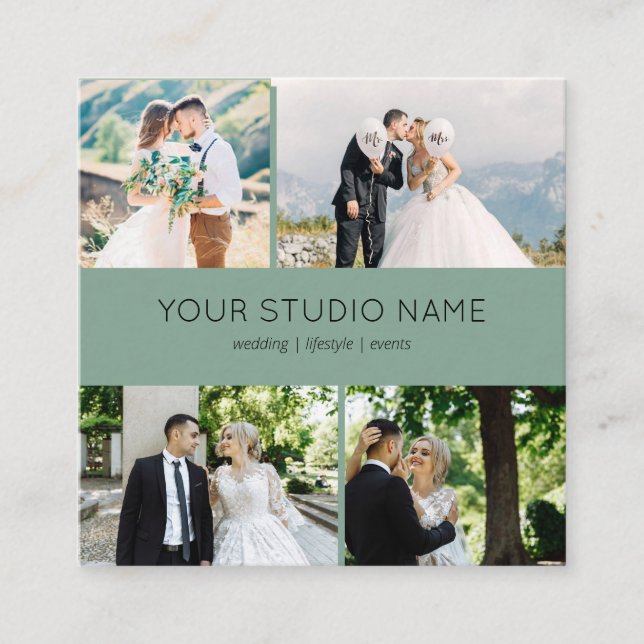 Custom 4 Photo Minimalist Photographer Sage Green Square Business Card (Front)