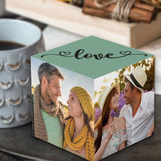 Custom 4 Photo Mint Sage Love with Hearts Cube