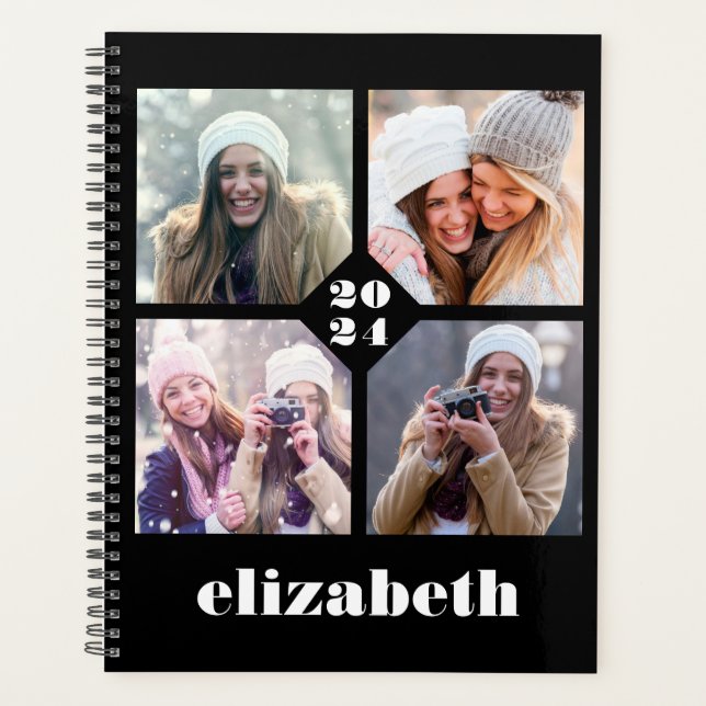 Custom 4-Photo Personalised Black White 2024 Planner (Front)