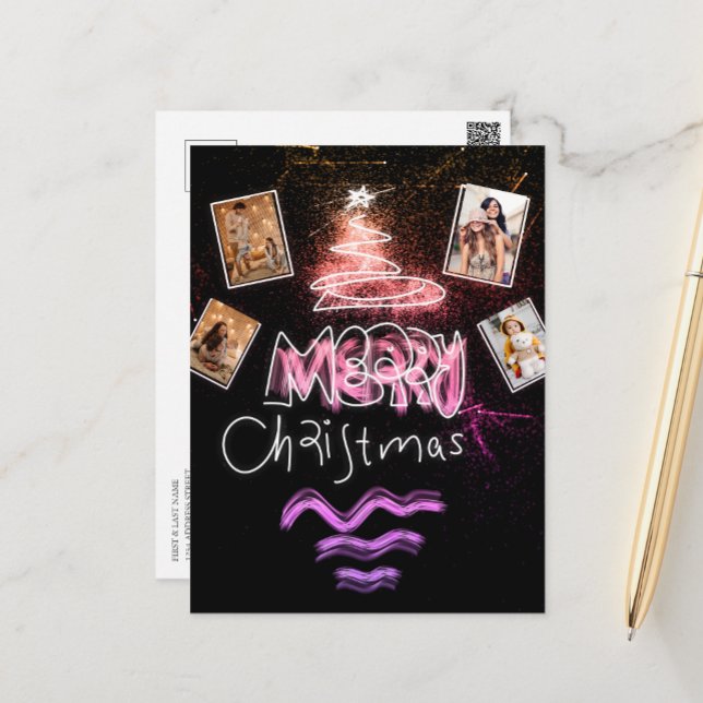 Custom 4 Photos Holography Pink and Golden Tree Postcard (Creator Uploaded)