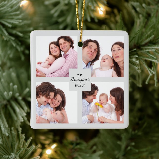 Custom 4 Section Family Photo Collage Square Frame Ceramic Ornament (Tree)