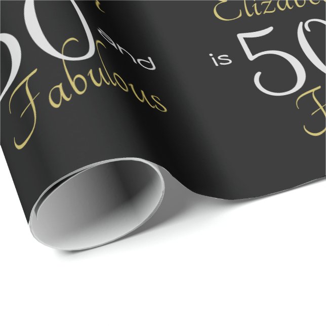Custom 50 and Fabulous Gold Black 50th Birthday Wrapping Paper (Roll Corner)