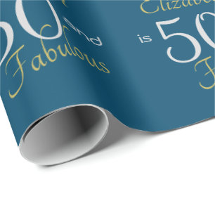 Custom 50 and Fabulous Gold Blue 50th Birthday Wrapping Paper