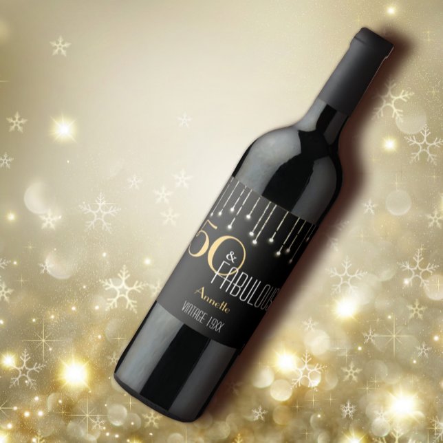 Custom 50 & Fabulous Black Gold Lights Elegant Wine Label (Creator Uploaded)