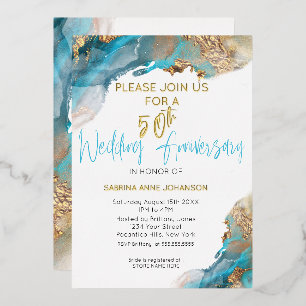 Custom 50th 2 Anniversary Teal and Gold Abstract Foil Holiday Card
