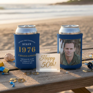 Custom 50th Birthday Blue Gold With Photo Can Cooler
