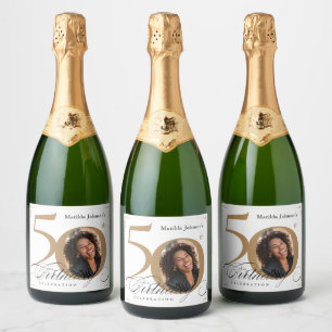 Custom 50th Birthday Elegant Gold White Photo  Sparkling Wine Label