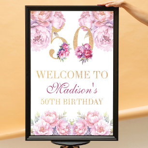 Custom 50th Birthday Gold Glitter Pink Peonies Poster