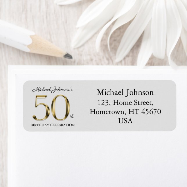 Custom 50th Birthday Gold Text Grey Return Address Label (Insitu)