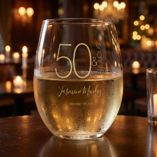 Custom 50th Birthday Gold White 50& Fabulous Stemless Wine Glass