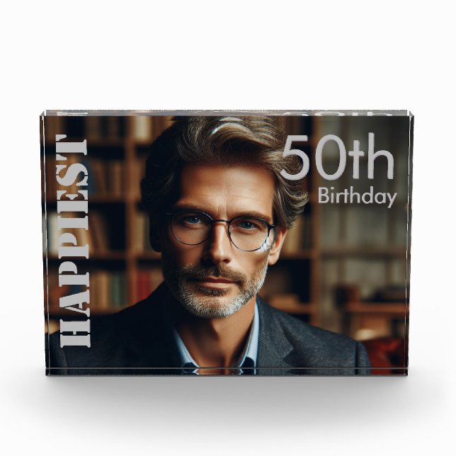 Custom 50th Birthday Happiest Silver Typography Photo Block (Front)